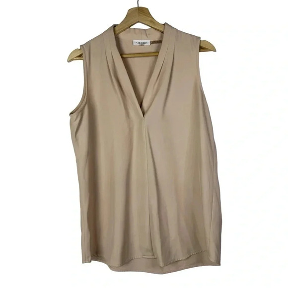 Calvin Klein Blush Cream Pleated V-Neck Sleeveless Blouse M - Picture 2 of 4